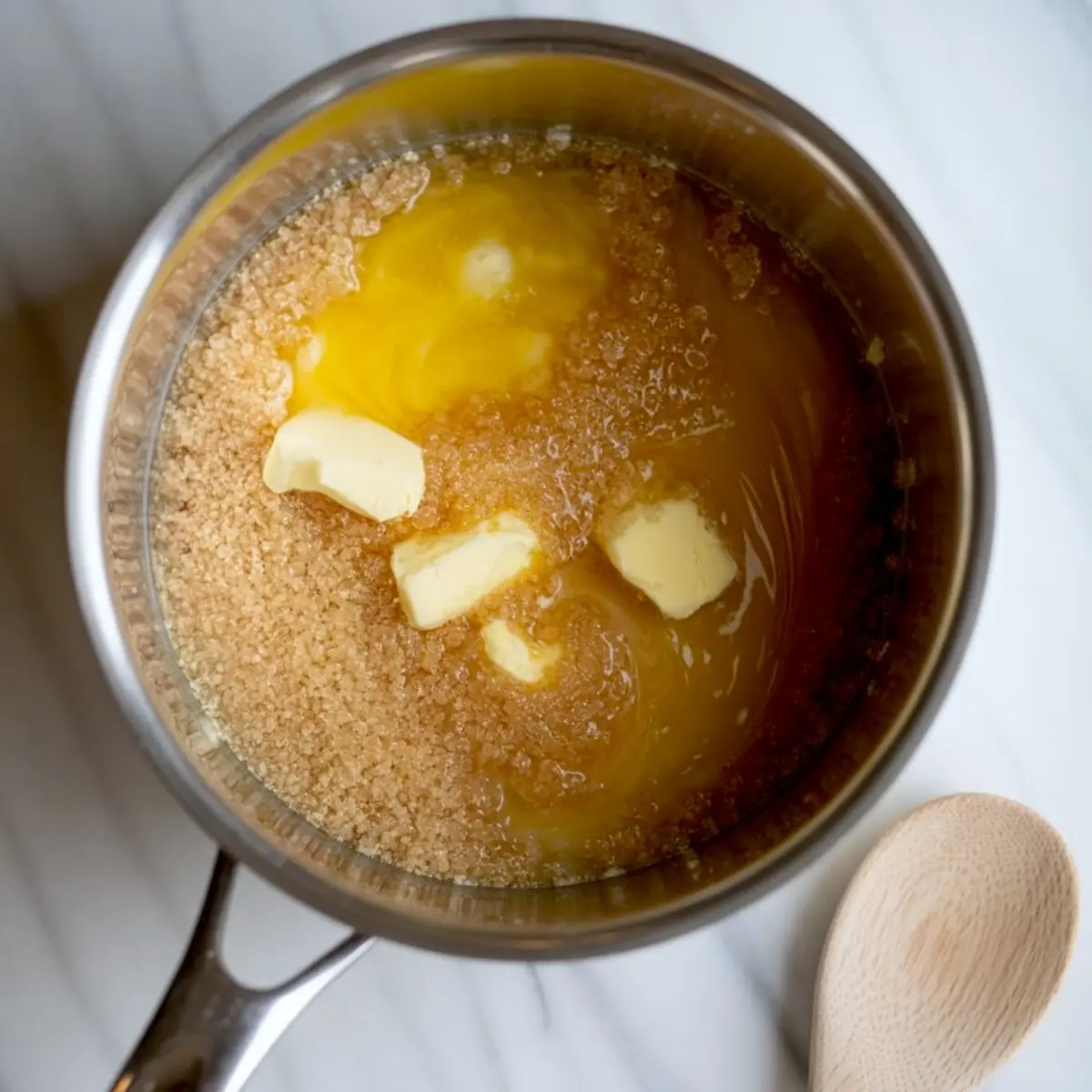 Stainless steel saucepan filled with partially melted butter, brown sugar, and egg yolks on a marble surface, with a wooden spoon placed nearby, capturing the beginning steps of homemade dessert filling.