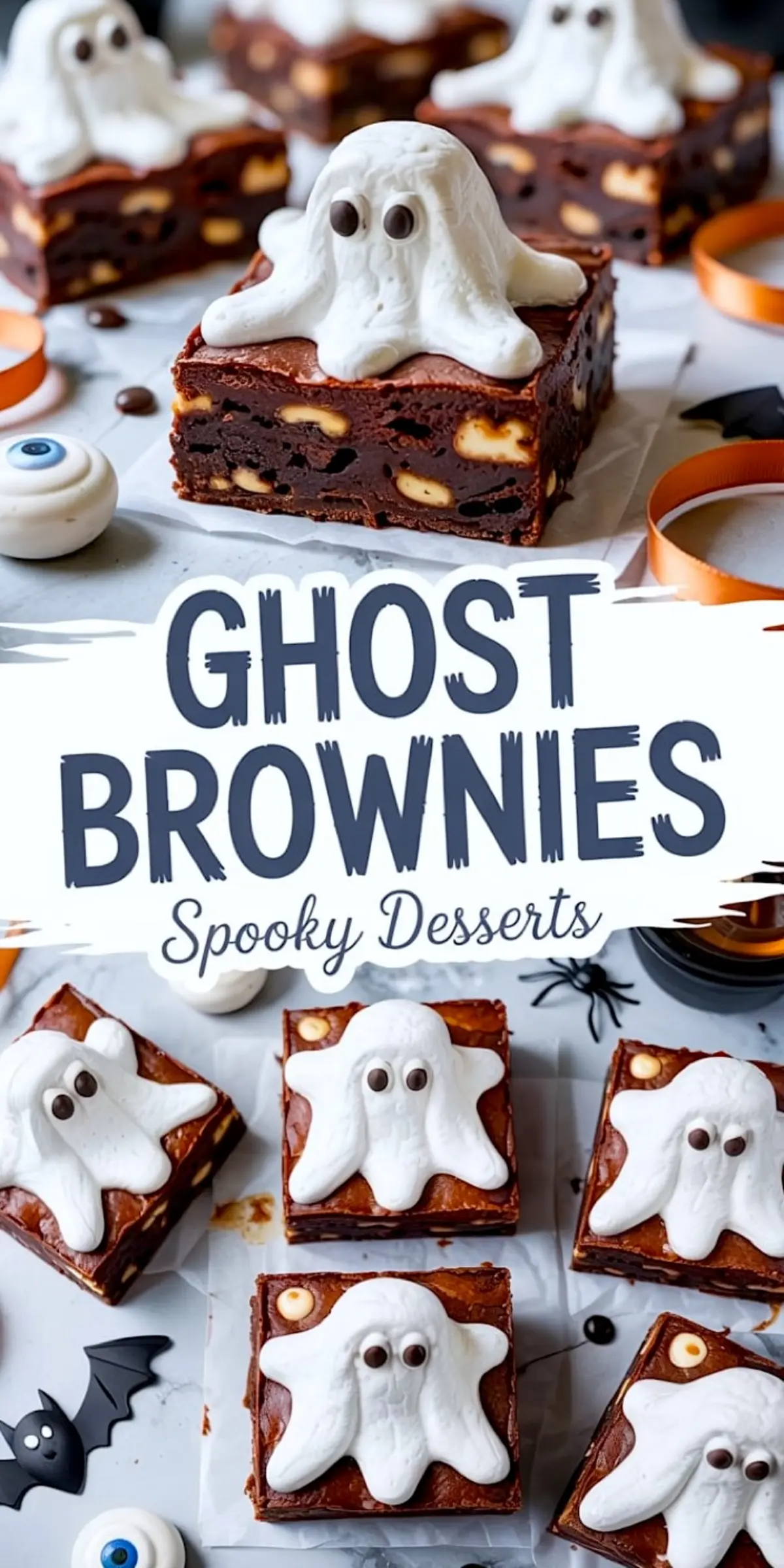 Collage of Halloween ghost brownies featuring chocolate brownies topped with marshmallow ghosts and candy eyes, decorated with spooky elements like bats, eyeballs, and orange ribbon.