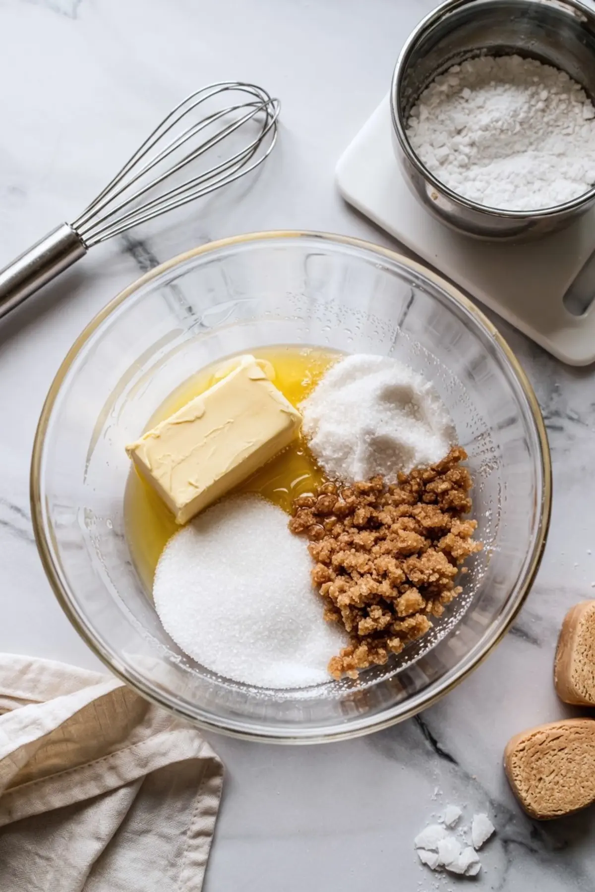 Glass mixing bowl filled with softened butter, white granulated sugar, brown sugar, and melted butter, arranged on a marble surface with a whisk, powdered sugar, and shortbread cookies.