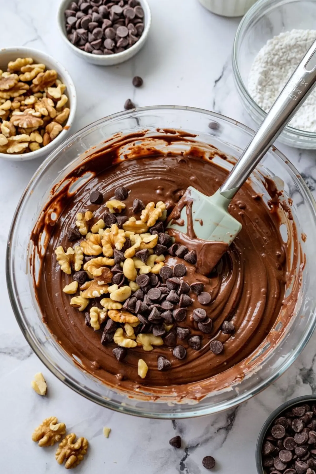 Chocolate brownie batter in a mixing bowl with chopped walnuts and semi-sweet chocolate chips being folded in using a silicone spatula.