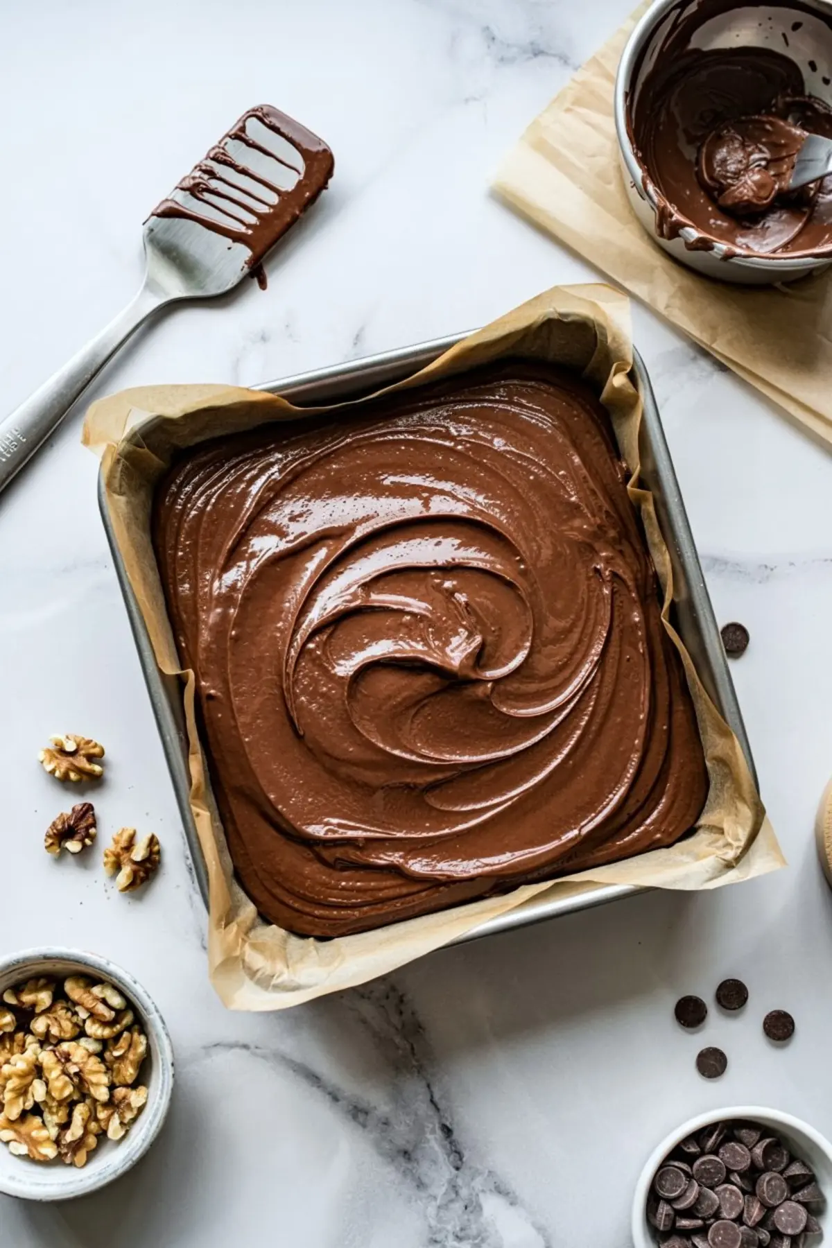 Unbaked brownie batter spread evenly in a parchment-lined square baking pan, surrounded by bowls of walnuts, chocolate chips, and a spatula with chocolate remnants.