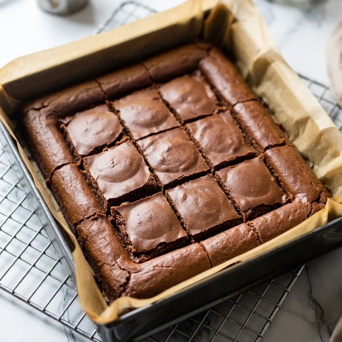 Freshly baked brownie slab scored into 9 squares inside a square pan with golden-brown crust and soft, fudgy centers.