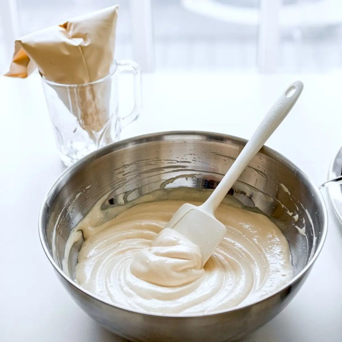 Metal mixing bowl filled with fluffy white meringue next to a piping bag in a glass mug, ready for decorating desserts.