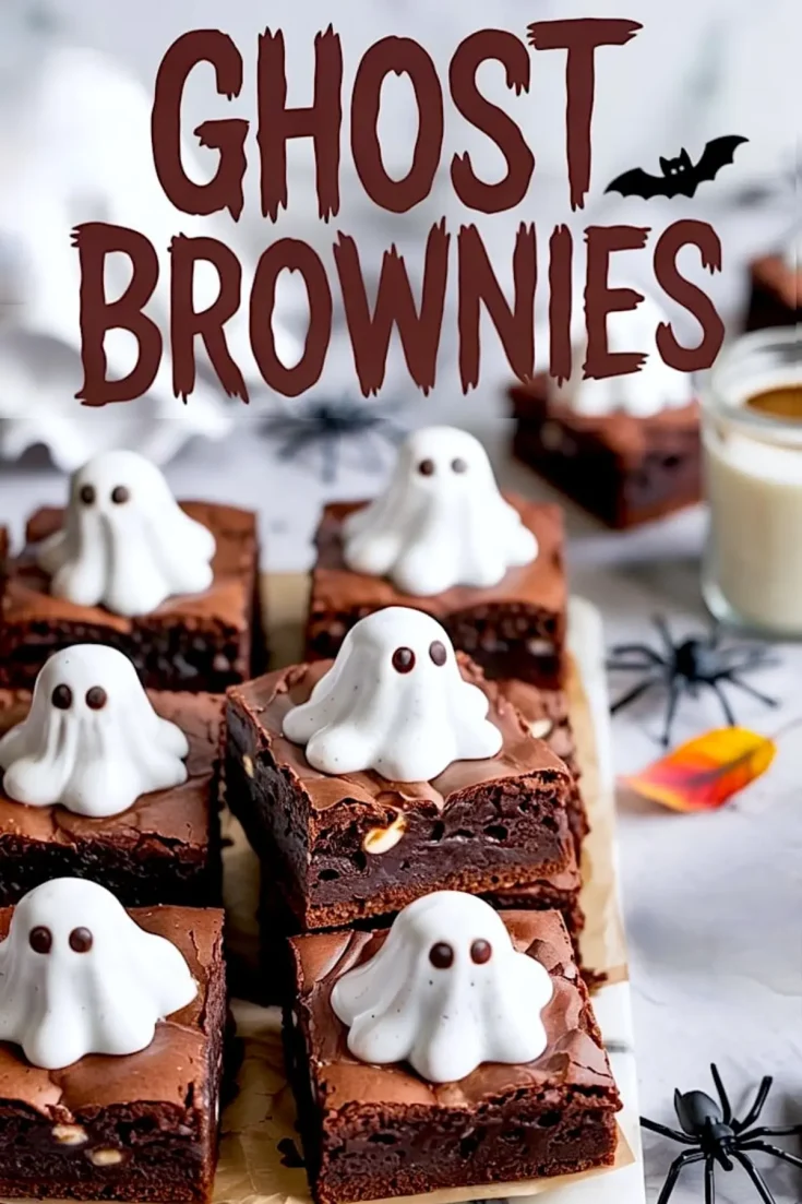 Ghost-themed Halloween brownies on a tray, each square topped with a piped white ghost made of meringue and chocolate chip eyes, styled with black spider decorations and a glass of milk.