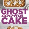 Ghost-themed Halloween cookie cake decorated with ghost-shaped marshmallows and white chocolate chips, served in a rectangular baking dish with a golden cookie base and a slice showcasing layers of cookie dough, creamy filling, and melted center on a white plate.