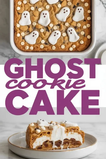 Ghost-themed Halloween cookie cake decorated with ghost-shaped marshmallows and white chocolate chips, served in a rectangular baking dish with a golden cookie base and a slice showcasing layers of cookie dough, creamy filling, and melted center on a white plate.