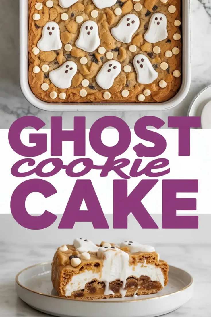 Ghost-themed Halloween cookie cake decorated with ghost-shaped marshmallows and white chocolate chips, served in a rectangular baking dish with a golden cookie base and a slice showcasing layers of cookie dough, creamy filling, and melted center on a white plate.