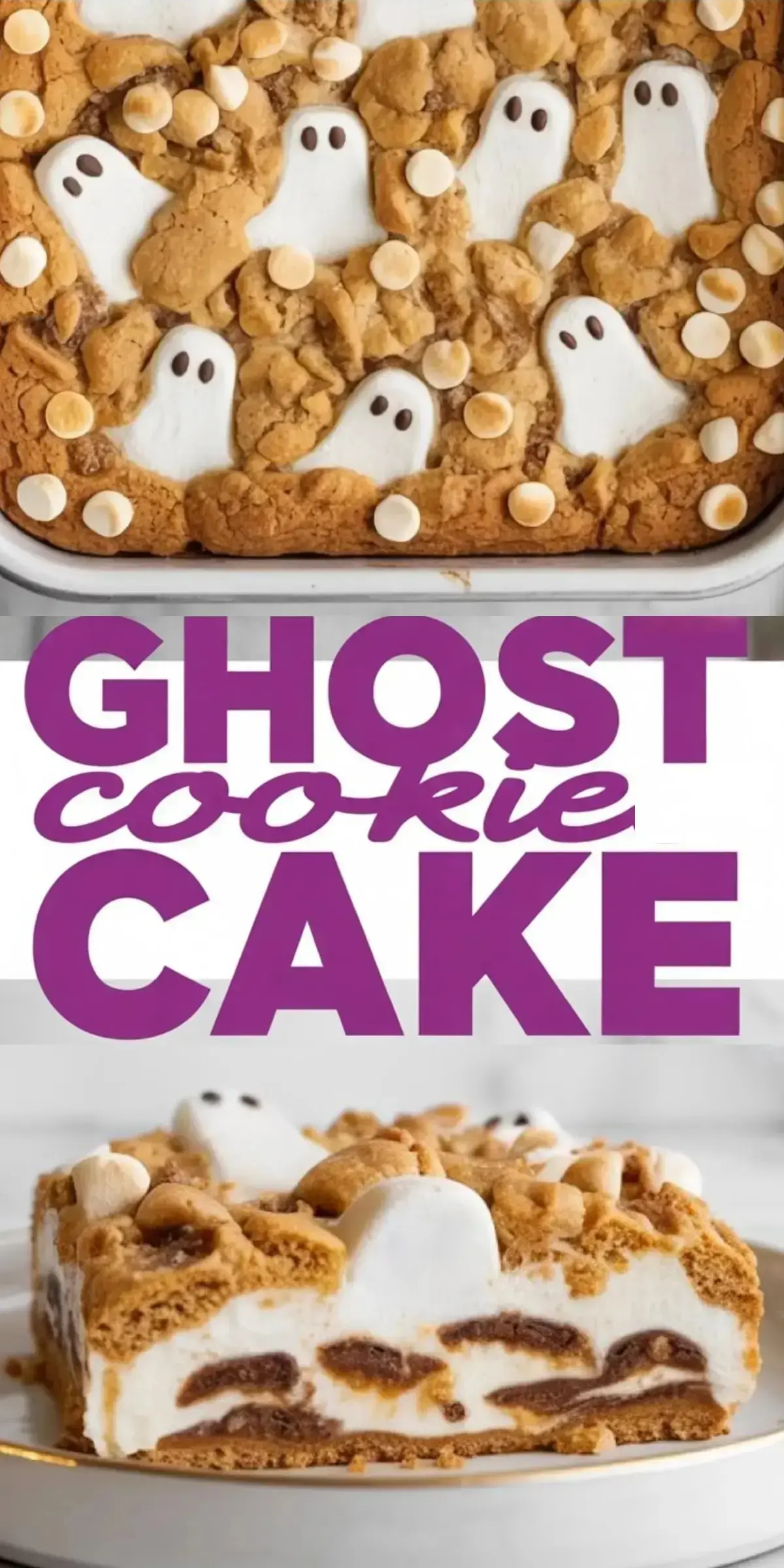 Halloween-themed ghost cookie cake topped with white chocolate chips and ghost-shaped marshmallows, featuring a golden brown cookie crust and layered interior with chocolate cookie swirls and creamy filling, presented on a white plate with a festive design.
