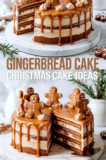 Collage showing a gingerbread layer cake decorated with caramel glaze and gingerbread cookies, sliced to reveal alternating layers of cake and frosting, with overlay text “Gingerbread Cake Christmas Cake Ideas.”