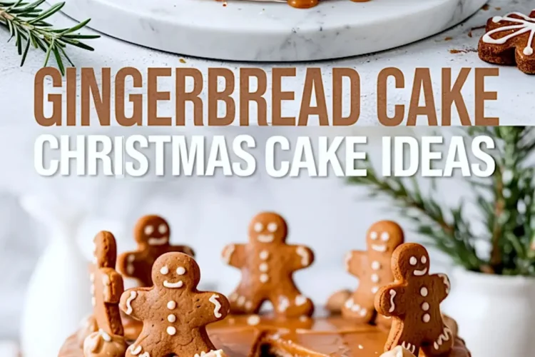Collage showing a gingerbread layer cake decorated with caramel glaze and gingerbread cookies, sliced to reveal alternating layers of cake and frosting, with overlay text “Gingerbread Cake Christmas Cake Ideas.”