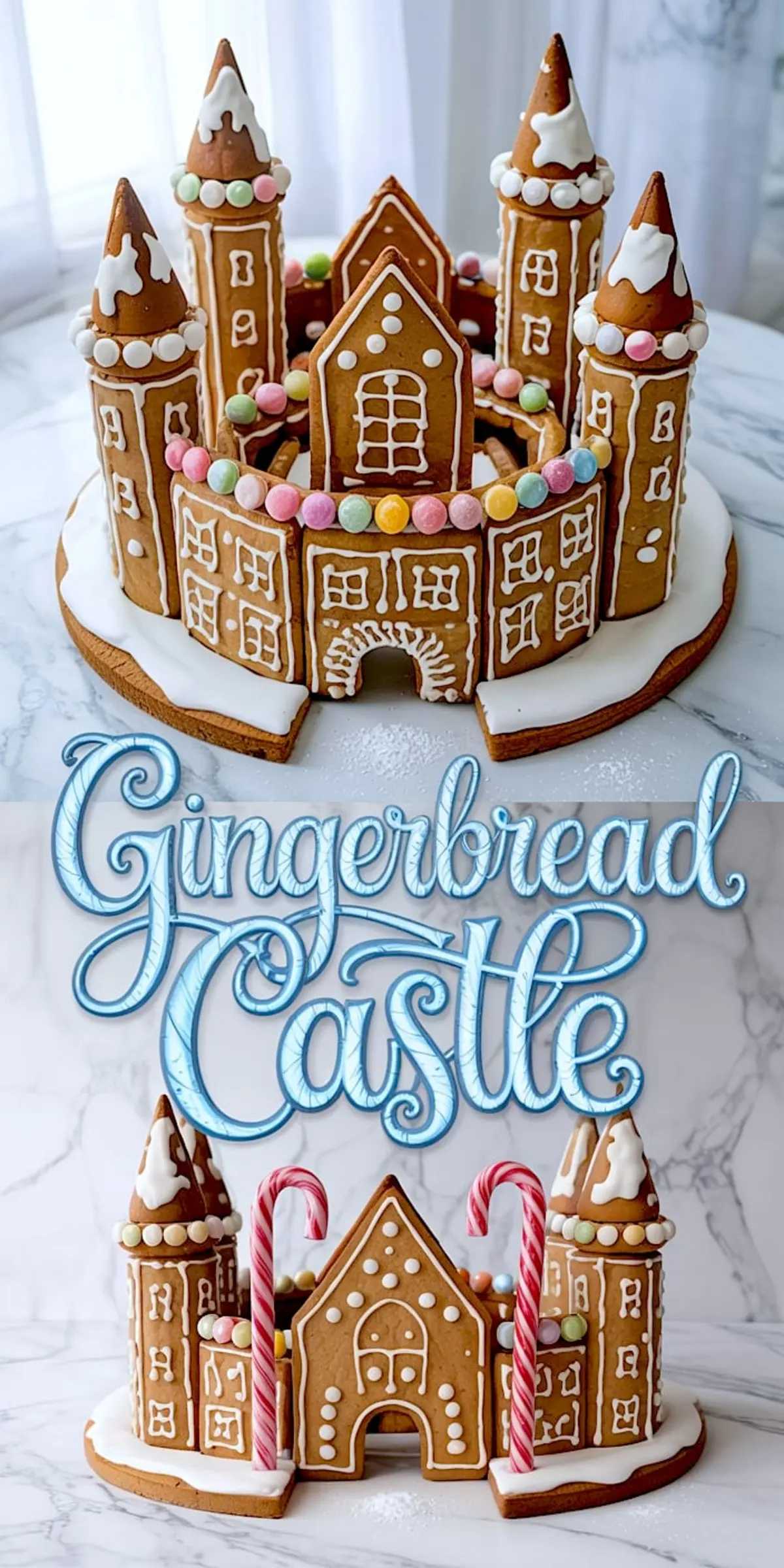 Front and top views of a gingerbread castle made with spiced cookie panels, white icing, pastel candy accents, and peppermint candy canes, presented on a white marble surface.
