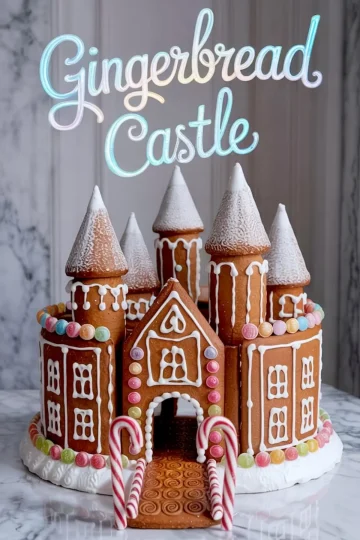 Gingerbread castle decorated with powdered sugar, white icing, colorful candy dots, and striped candy cane arches, displayed on a marble background with winter holiday theme.