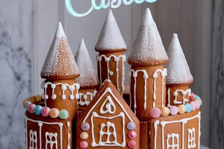 Gingerbread castle decorated with powdered sugar, white icing, colorful candy dots, and striped candy cane arches, displayed on a marble background with winter holiday theme.