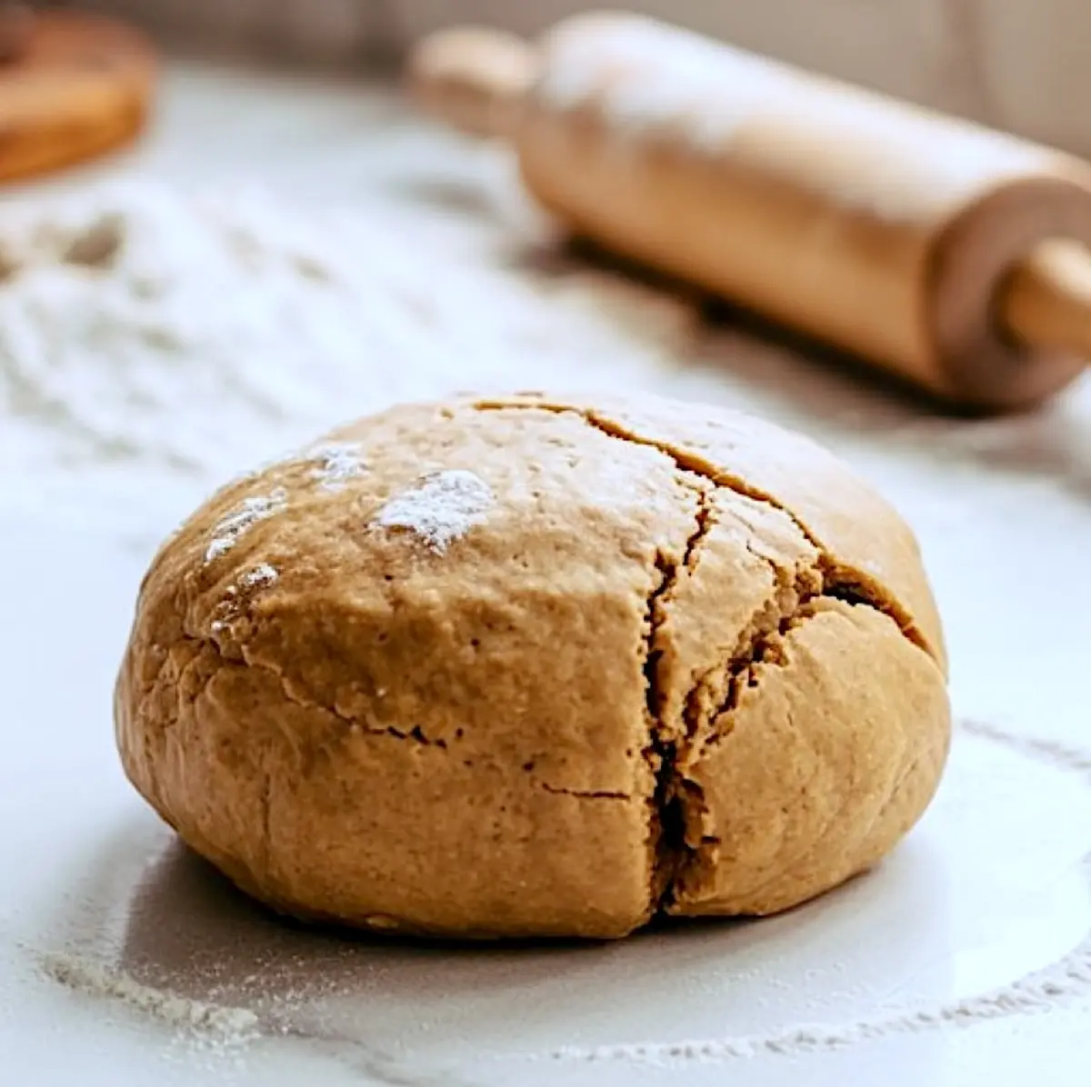Round ball of gingerbread dough with visible cracks and dusted flour on a marble surface, with a wooden rolling pin and scattered flour in the background.
