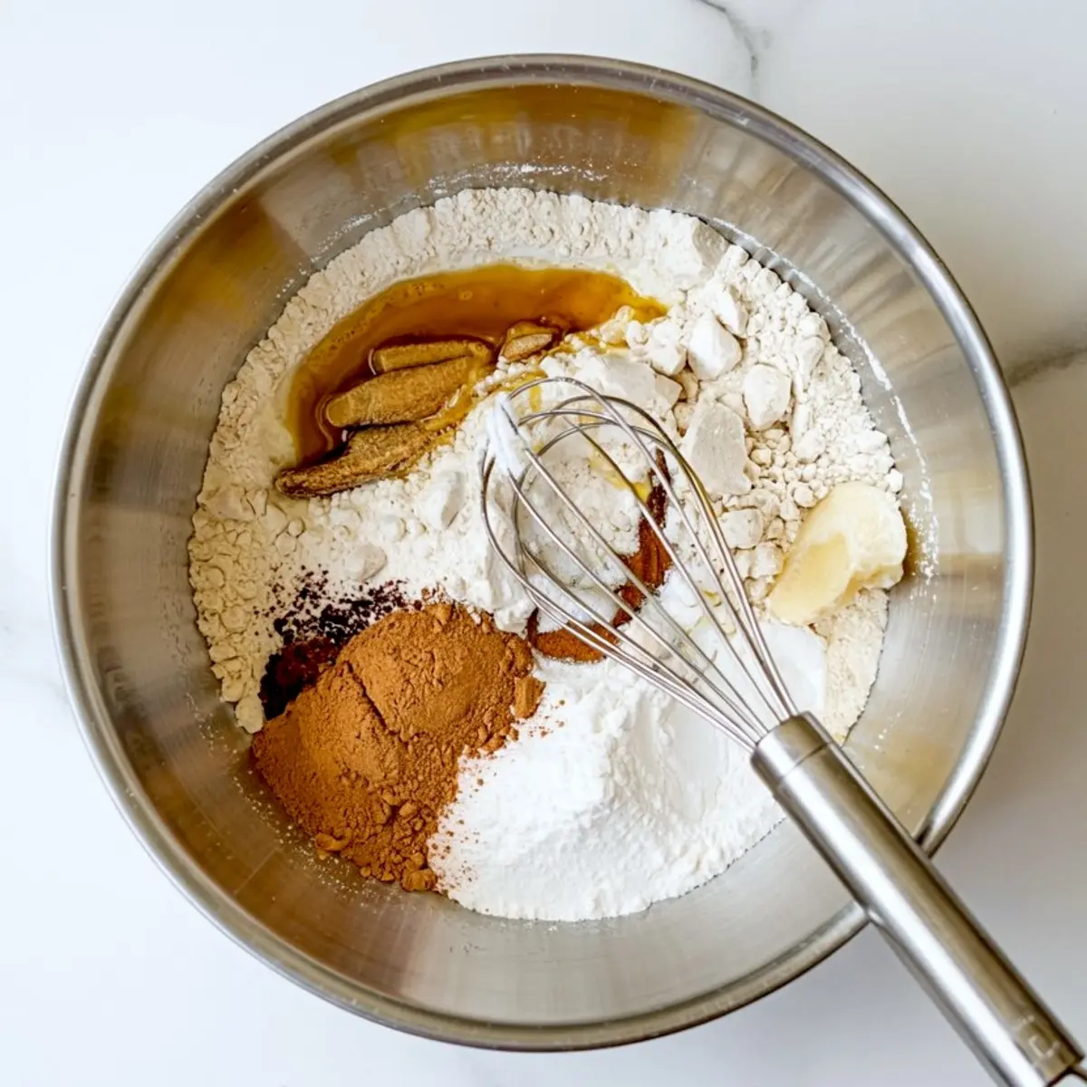 Baking ingredients including flour, cinnamon, baking powder, sugar, and vanilla extract arranged in a metal mixing bowl with a stainless steel whisk.
