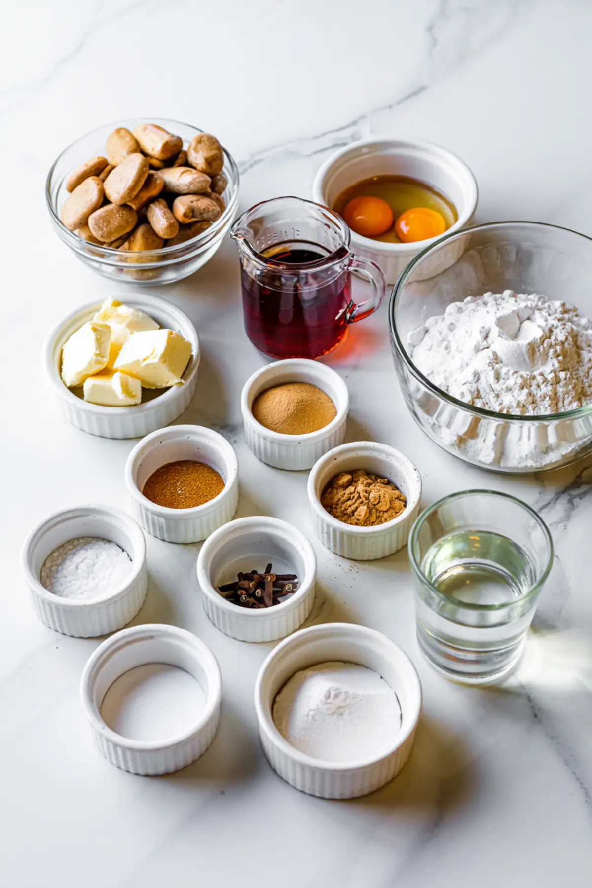 Flat lay of baking ingredients in glass and ceramic bowls on a marble surface, featuring flour, eggs, butter, brown sugar, molasses, spices, cloves, and baking soda.
