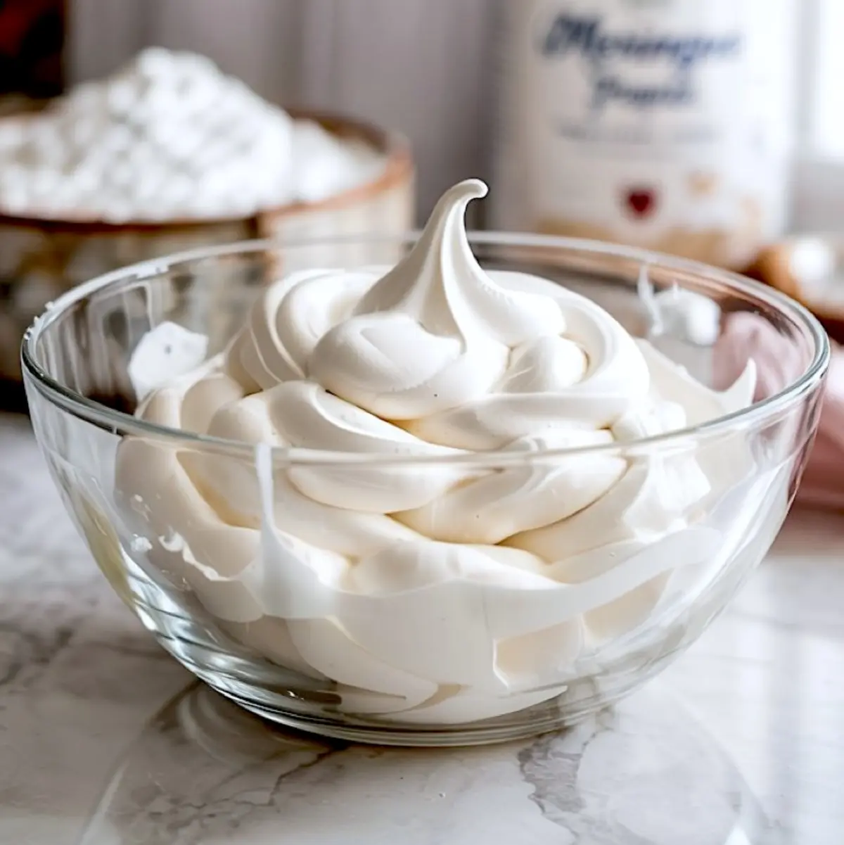 Glossy white meringue whipped to stiff peaks in a clear glass bowl, sitting on a marble countertop with baking ingredients blurred in the background.
