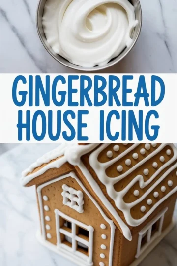 Metal mixing bowl displays glossy stiff royal icing; beneath, gingerbread house roof dotted with white frosting shows strong gingerbread house icing used in holiday cookie construction.