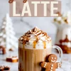 Close-up of a gingerbread latte in a clear mug topped with whipped cream and dusted with cinnamon, surrounded by star anise and cookies.