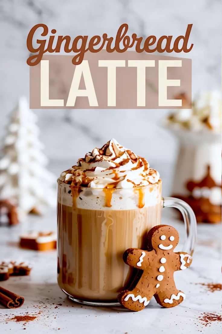 Close-up of a gingerbread latte in a clear mug topped with whipped cream and dusted with cinnamon, surrounded by star anise and cookies.