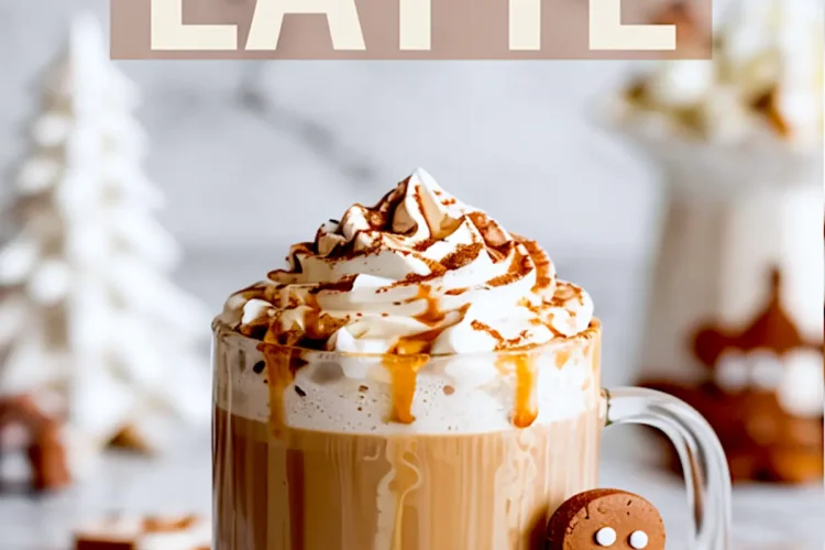 Close-up of a gingerbread latte in a clear mug topped with whipped cream and dusted with cinnamon, surrounded by star anise and cookies.