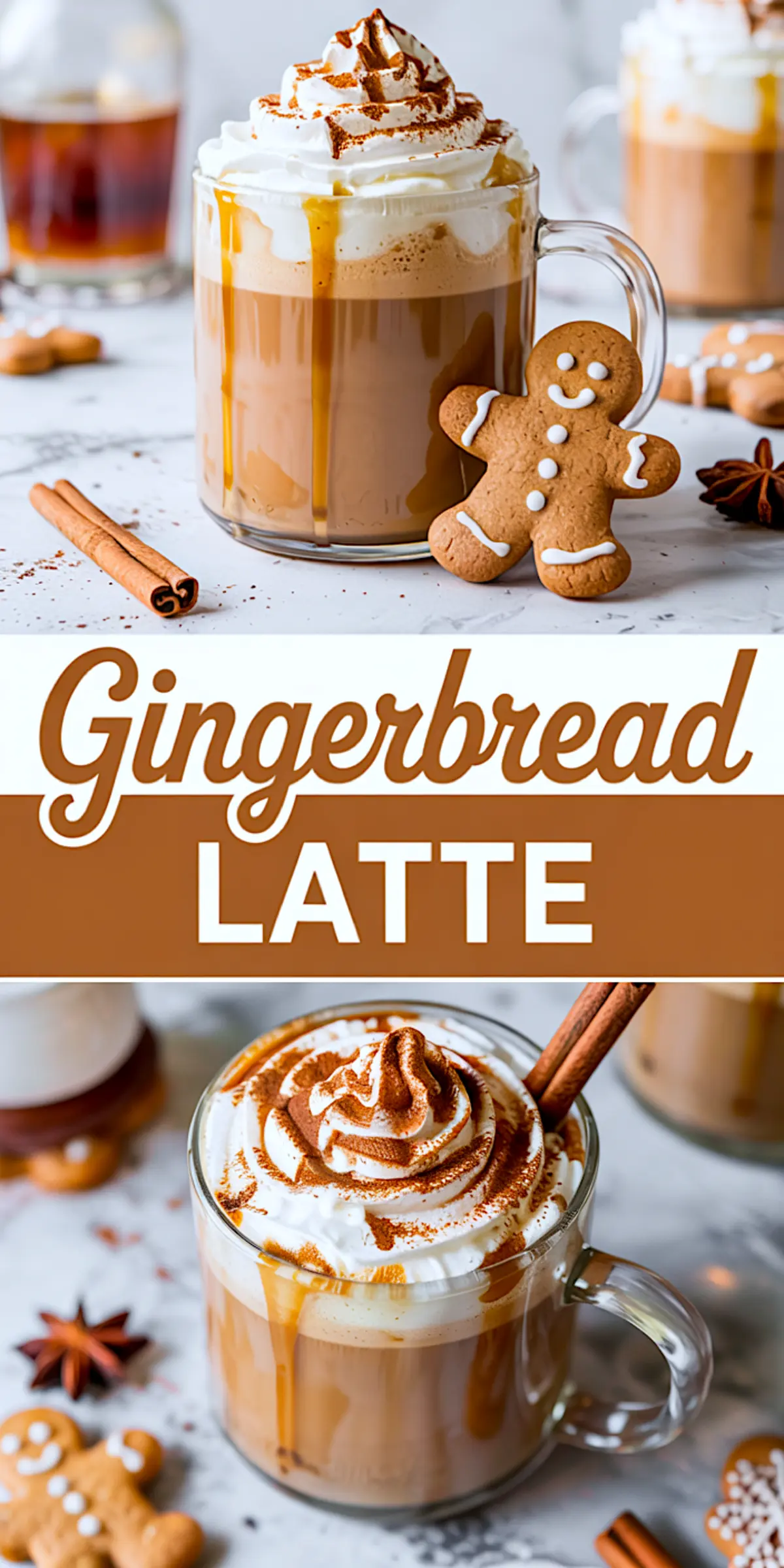 Vertical Pinterest graphic showing gingerbread lattes topped with whipped cream and cinnamon, served with gingerbread cookies and cinnamon sticks.