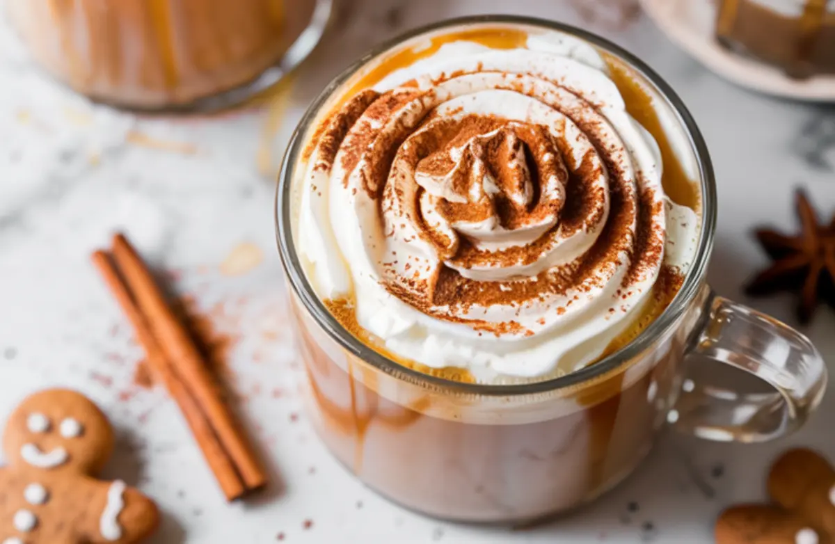 Close-up of a gingerbread latte in a clear mug topped with whipped cream and dusted with cinnamon, surrounded by star anise and cookies.
