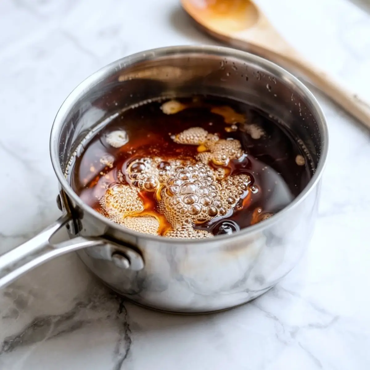 Small saucepan with bubbling gingerbread syrup simmering on a marble surface, used for making homemade holiday drinks.