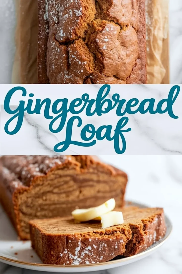 Vertical collage shows cracked powdered-sugar gingerbread loaf on parchment, bold teal “Gingerbread Loaf” script, and a sliced loaf on a plate with melting butter.