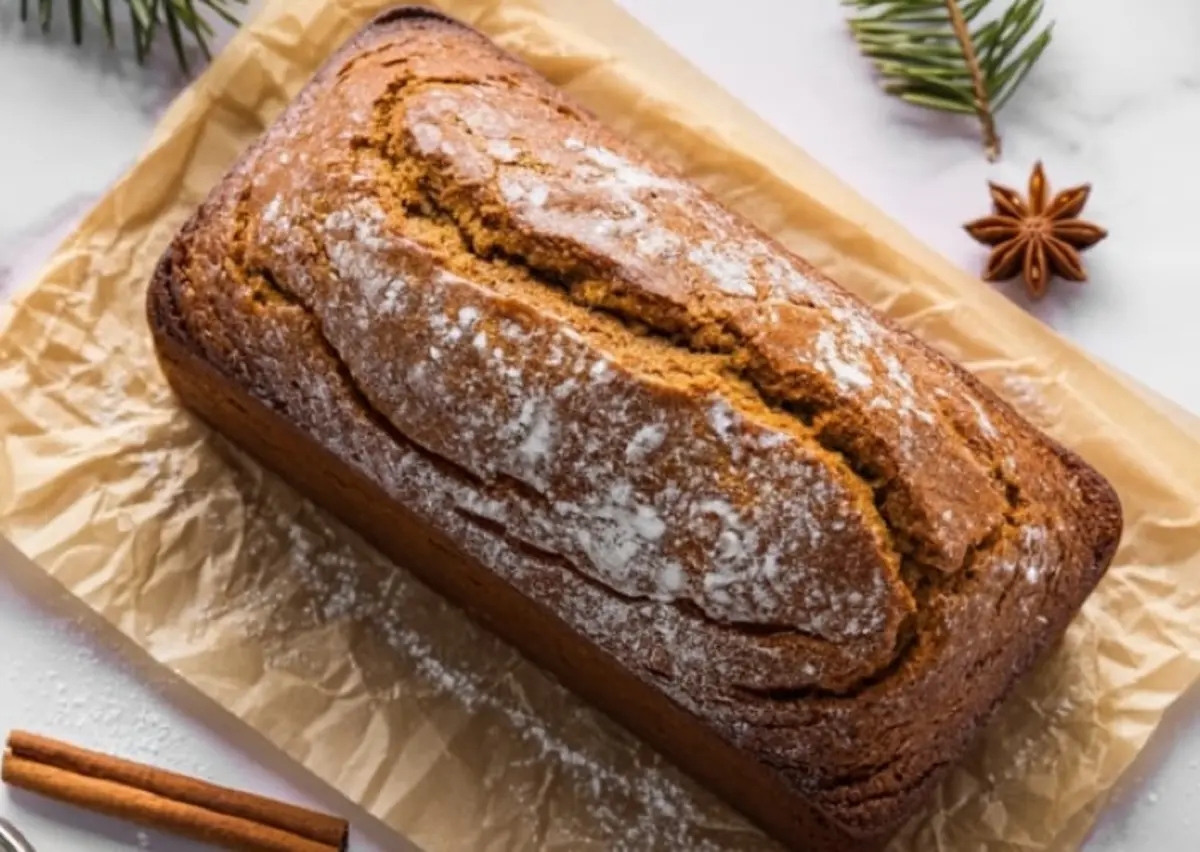 Golden gingerbread loaf with a crackled, sugared top rests on crinkled parchment, styled beside cinnamon sticks, star anise and an evergreen sprig for cozy holiday baking.