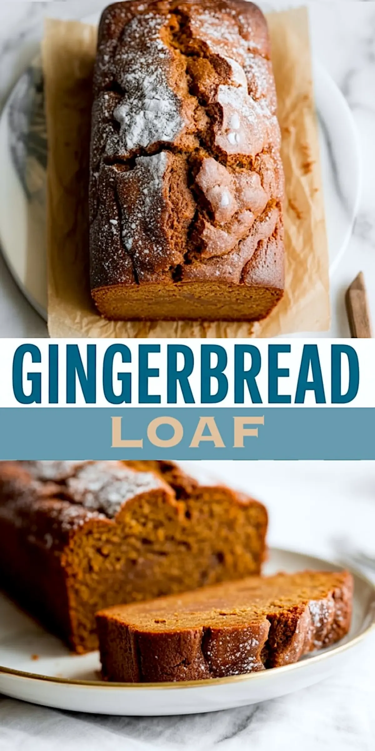 Vertical collage displays overhead view of a baked gingerbread loaf, centered teal “GINGERBREAD LOAF” text strip, and bottom close-up of a moist spiced slice on a plate.