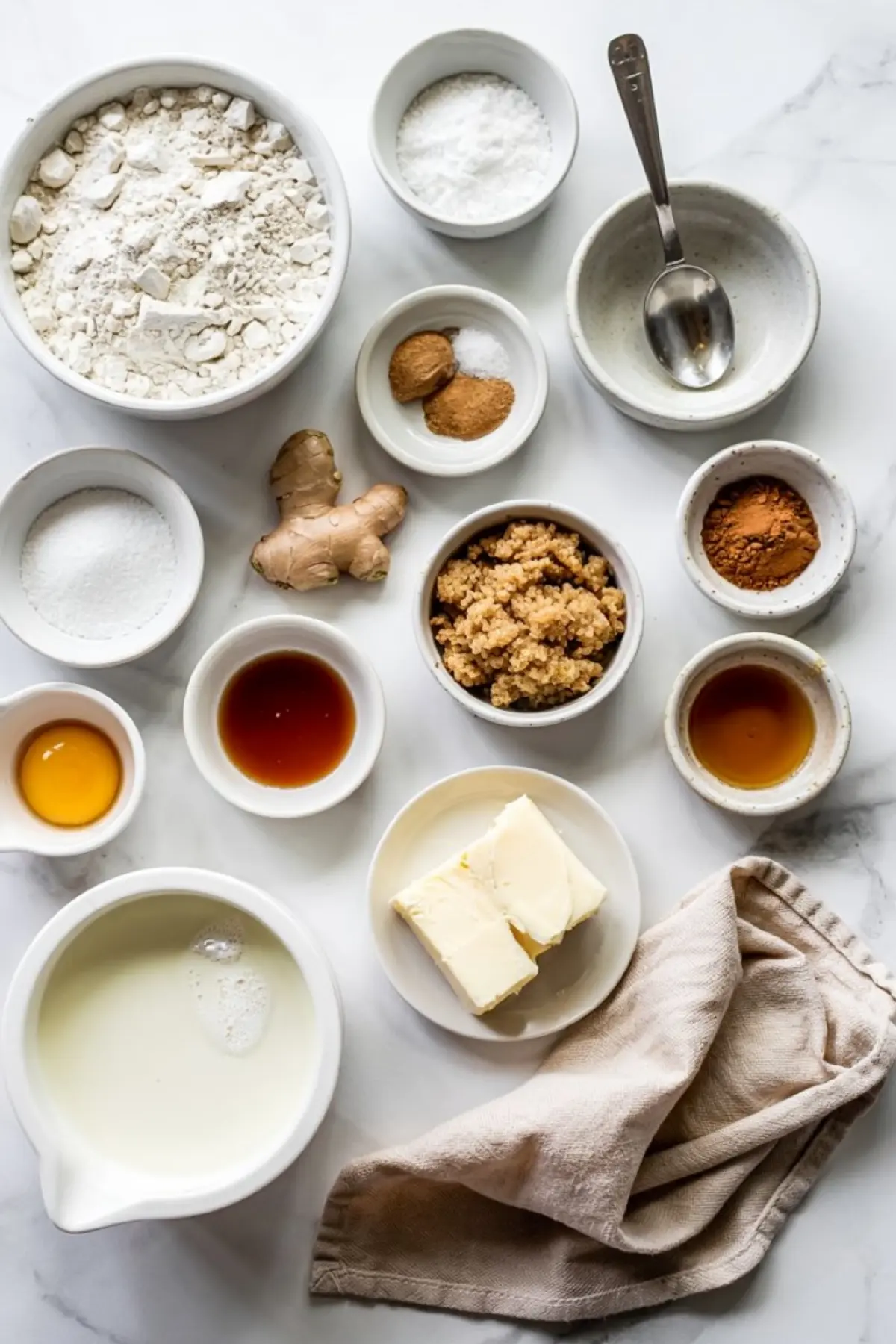 Flat lay on white marble shows flour, brown sugar, fresh ginger, cinnamon, nutmeg, butter, honey, molasses, milk, vanilla and salt in small bowls for homemade gingerbread loaf.