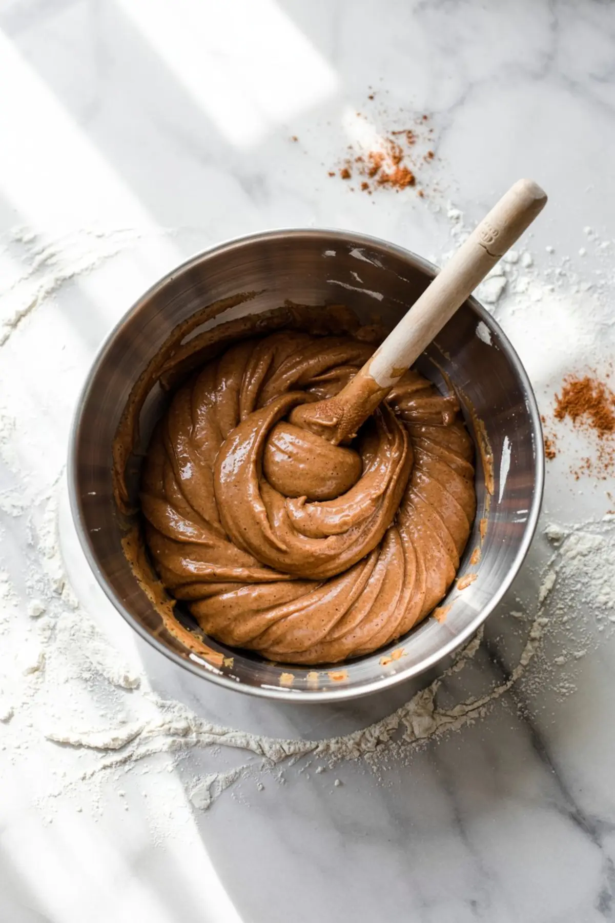 Metal mixing bowl of thick molasses-rich gingerbread batter with a wooden spoon sits amid scattered flour and cinnamon on bright marble.
