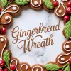 Oval-shaped gingerbread wreath cookie decorated with piped white icing, green frosting leaves, and red candy berries, arranged around a central space with “Gingerbread Wreath” text in the middle.