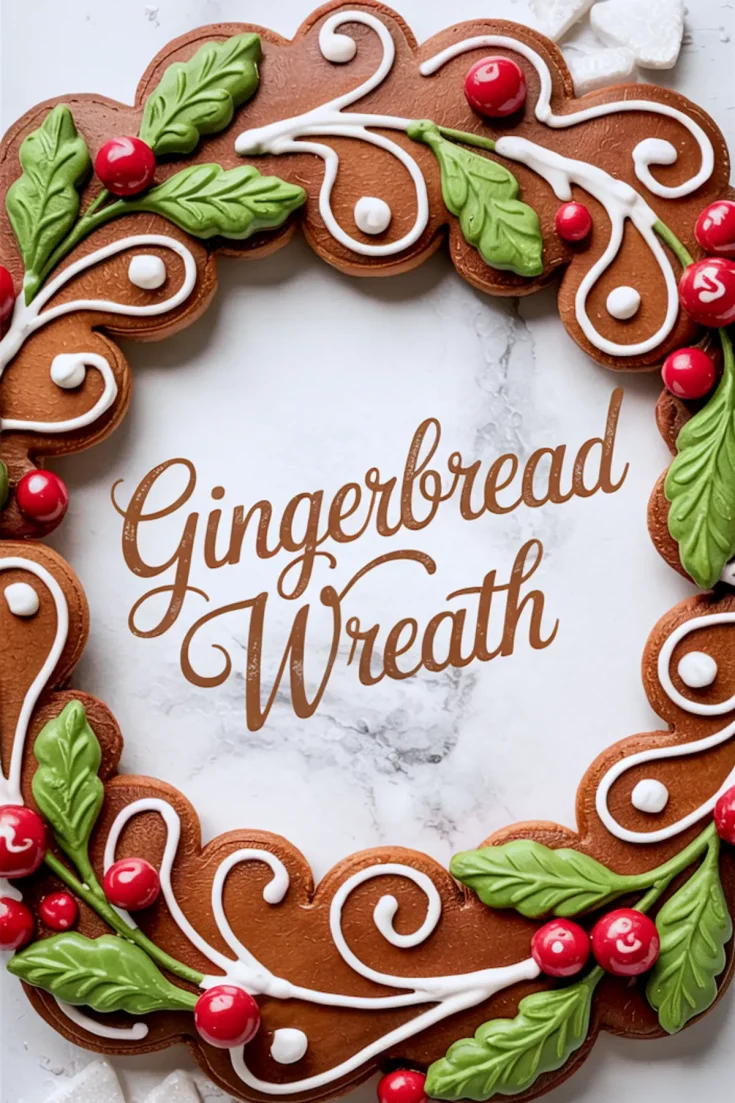 Oval-shaped gingerbread wreath cookie decorated with piped white icing, green frosting leaves, and red candy berries, arranged around a central space with “Gingerbread Wreath” text in the middle.