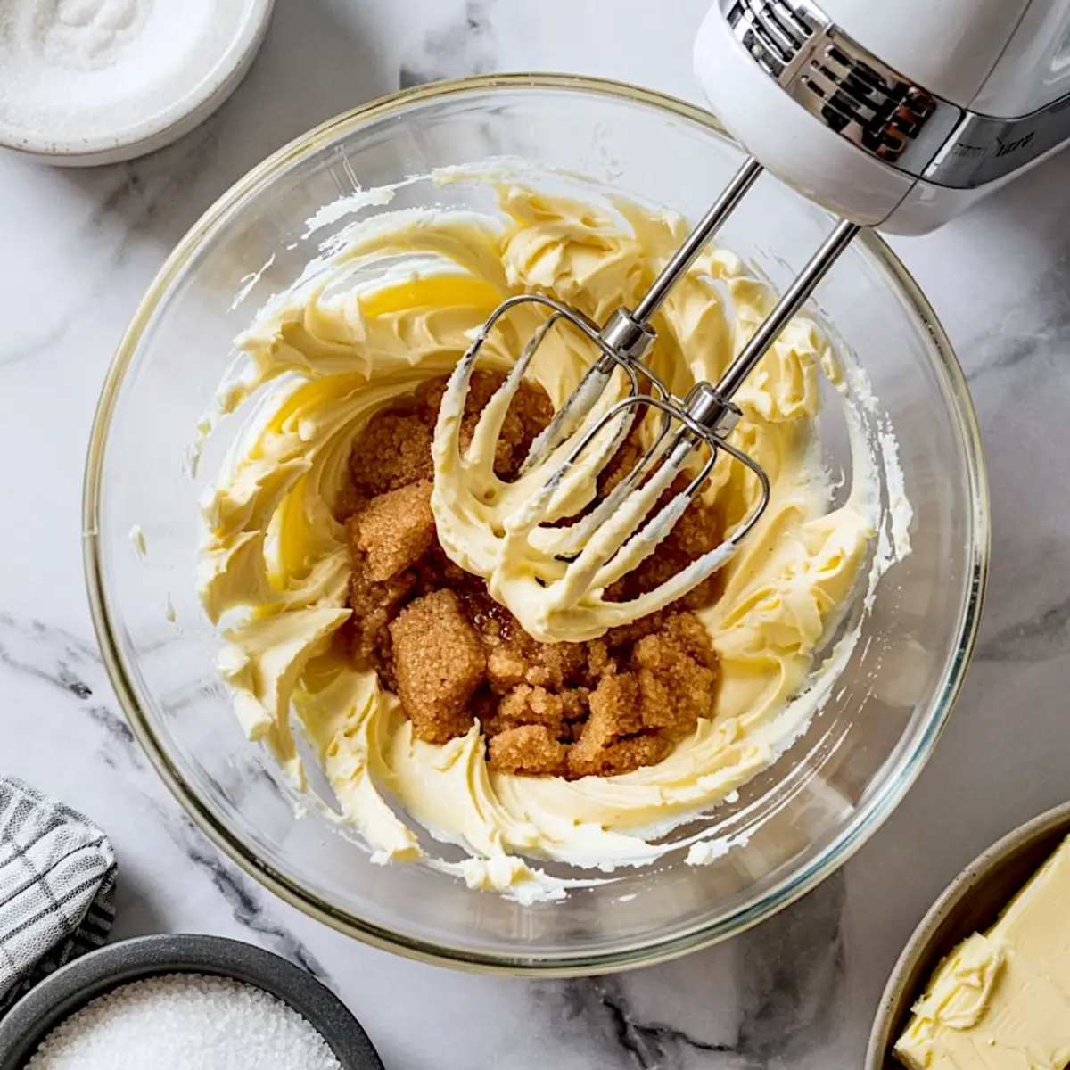 Hand mixer blending brown sugar into creamed butter in a glass mixing bowl, placed on a marble surface next to a bowl of sugar and a stick of butter.
