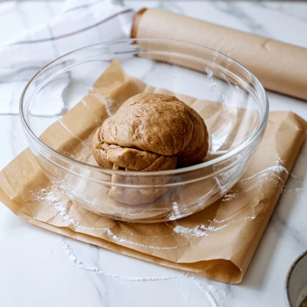 Firm ball of gingerbread dough in a clear glass bowl lined with parchment paper, placed on a white marble surface with scattered flour and a wooden rolling pin in the background.

