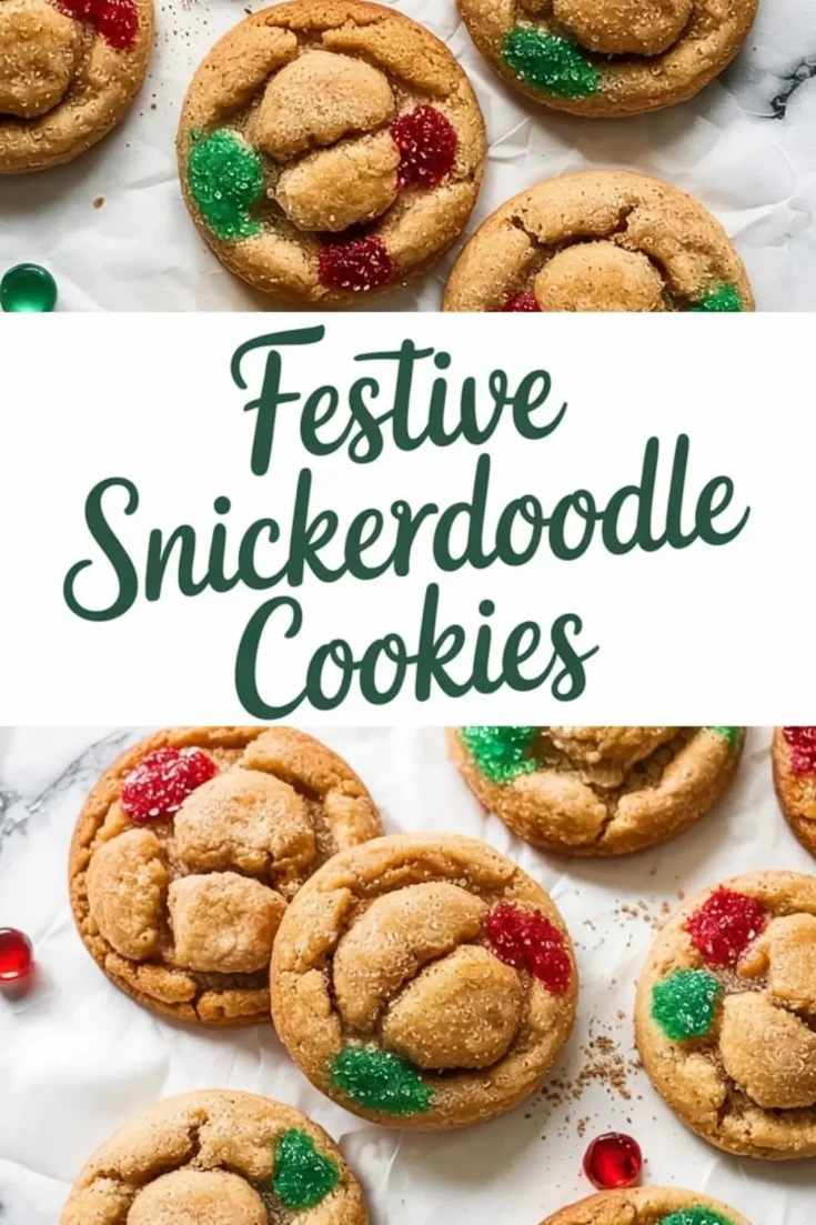 Round snickerdoodle cookies topped with red and green sugar sprinkles arranged on parchment paper, capturing a festive Christmas cookie presentation from multiple angles.