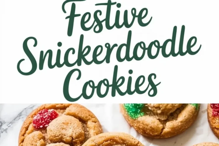Round snickerdoodle cookies topped with red and green sugar sprinkles arranged on parchment paper, capturing a festive Christmas cookie presentation from multiple angles.