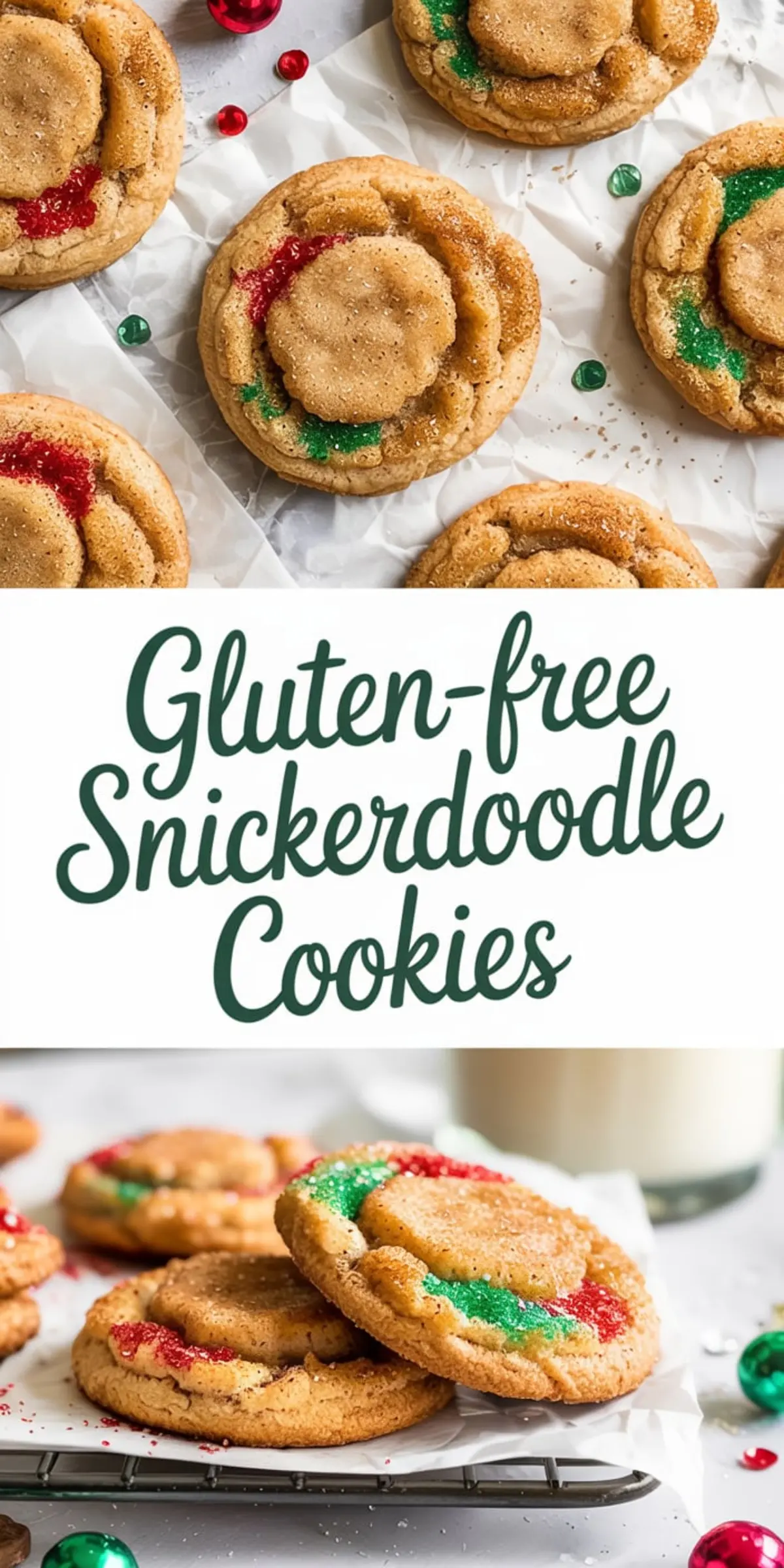 Gluten-free snickerdoodle cookies decorated with red and green sugar crystals, displayed on a cooling rack and parchment paper for a colorful holiday cookie spread.
