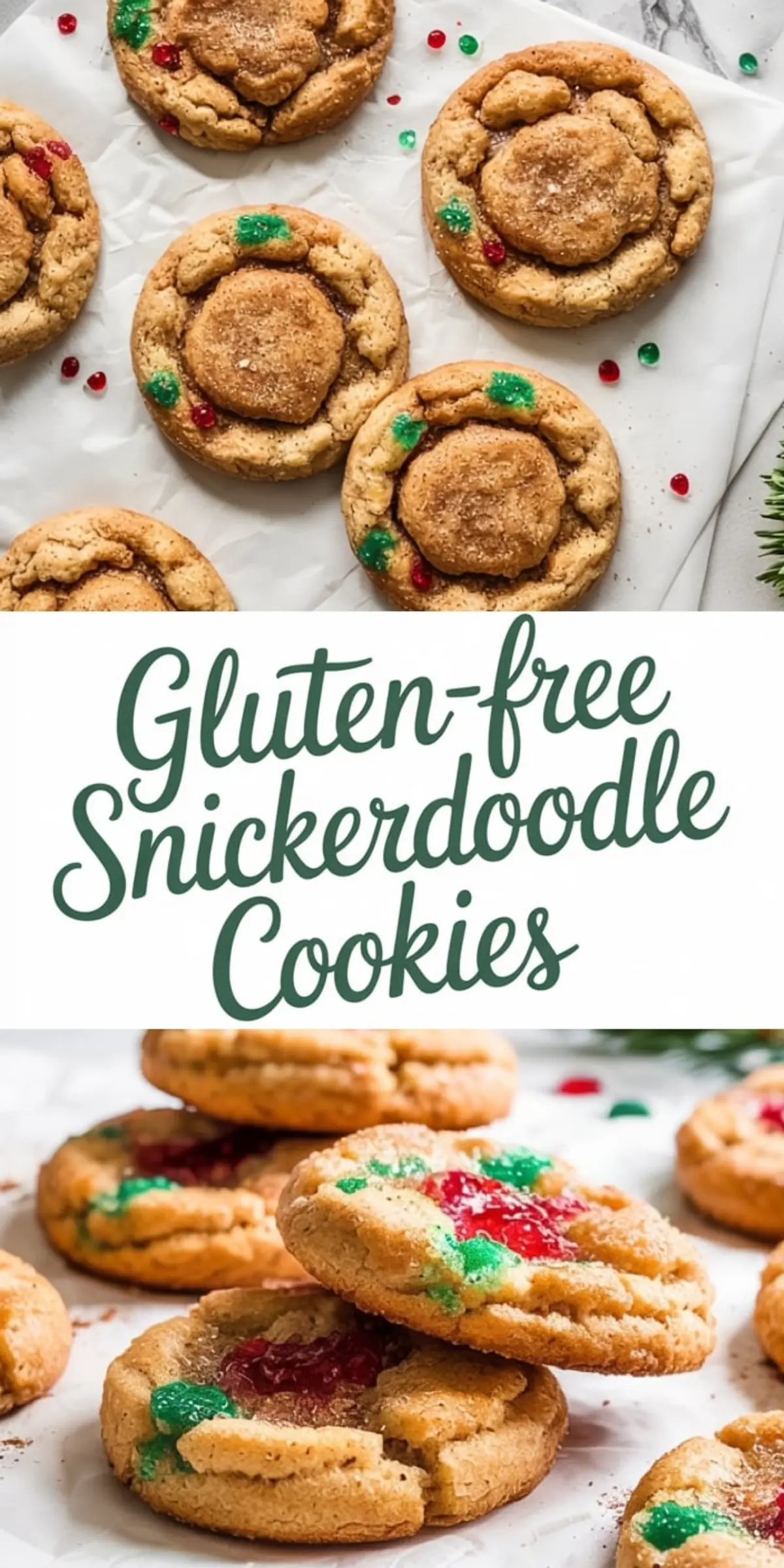 Gluten-free snickerdoodle cookies with cracked tops and red-green sugar accents, styled on white parchment paper with holiday sprinkles scattered around.
