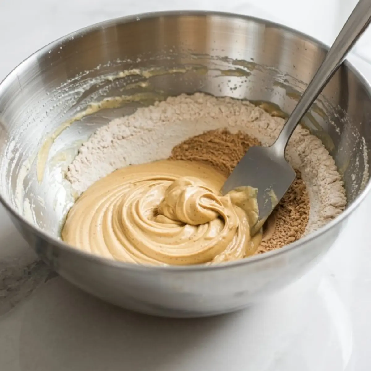Stainless steel mixing bowl filled with partially blended cookie dough, showing the creamy wet ingredients folding into gluten-free flour and brown sugar with a spatula.
