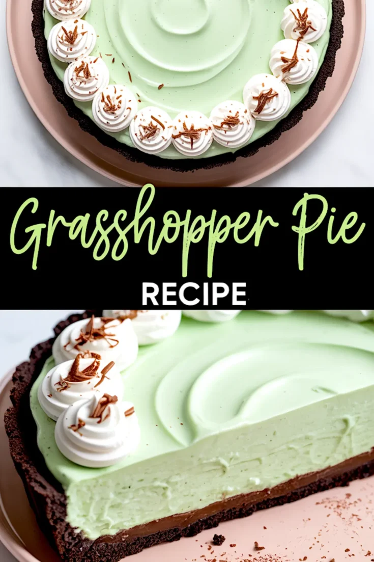 Collage image showing a whole grasshopper pie with chocolate crust, pale green mint filling, and whipped cream swirls topped with chocolate shavings, and a close-up of a sliced piece revealing the layered interior.