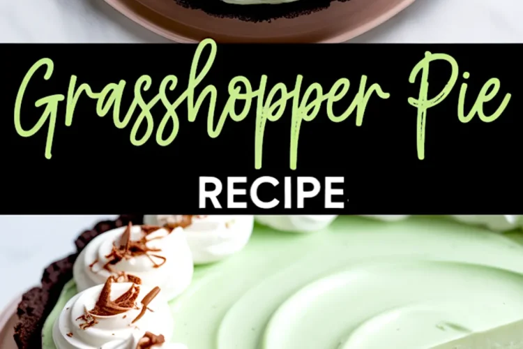 Collage image showing a whole grasshopper pie with chocolate crust, pale green mint filling, and whipped cream swirls topped with chocolate shavings, and a close-up of a sliced piece revealing the layered interior.