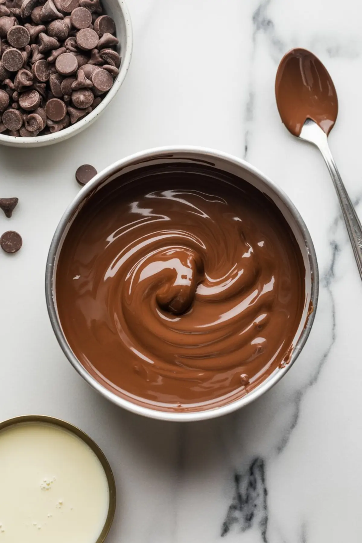 A bowl of smooth melted chocolate with a glossy swirl sits on a marble surface, surrounded by a spoon coated in chocolate, a bowl of chocolate chips, and a can of sweetened condensed milk.
