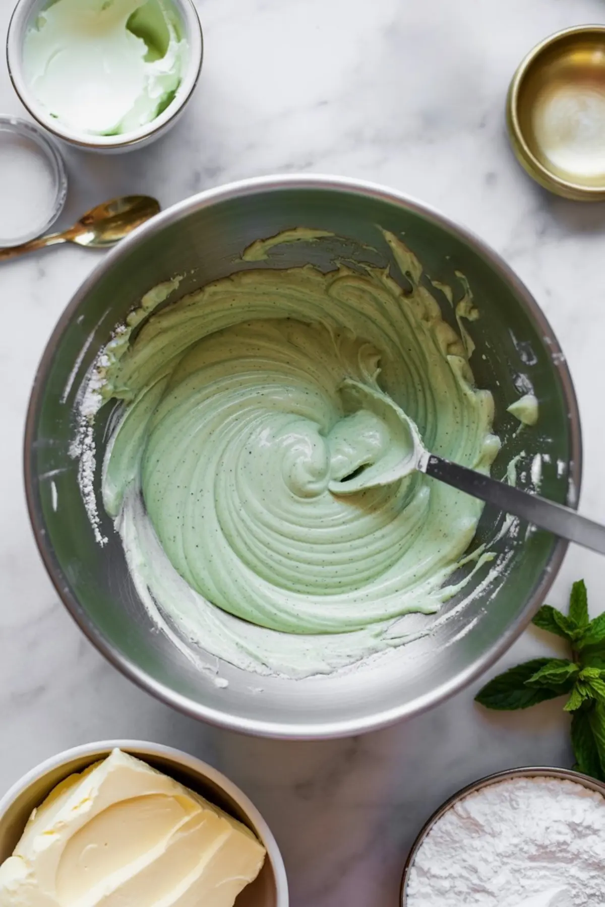 A mixing bowl filled with pale green mint-flavored cream mixture being stirred, surrounded by ingredients like butter, powdered sugar, and a sprig of fresh mint on a marble surface.