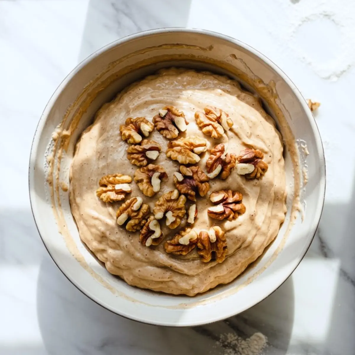 Mixing bowl filled with banana muffin batter topped with raw walnut halves, ready for baking, placed on a lightly floured marble countertop with shadows and sunlight.
