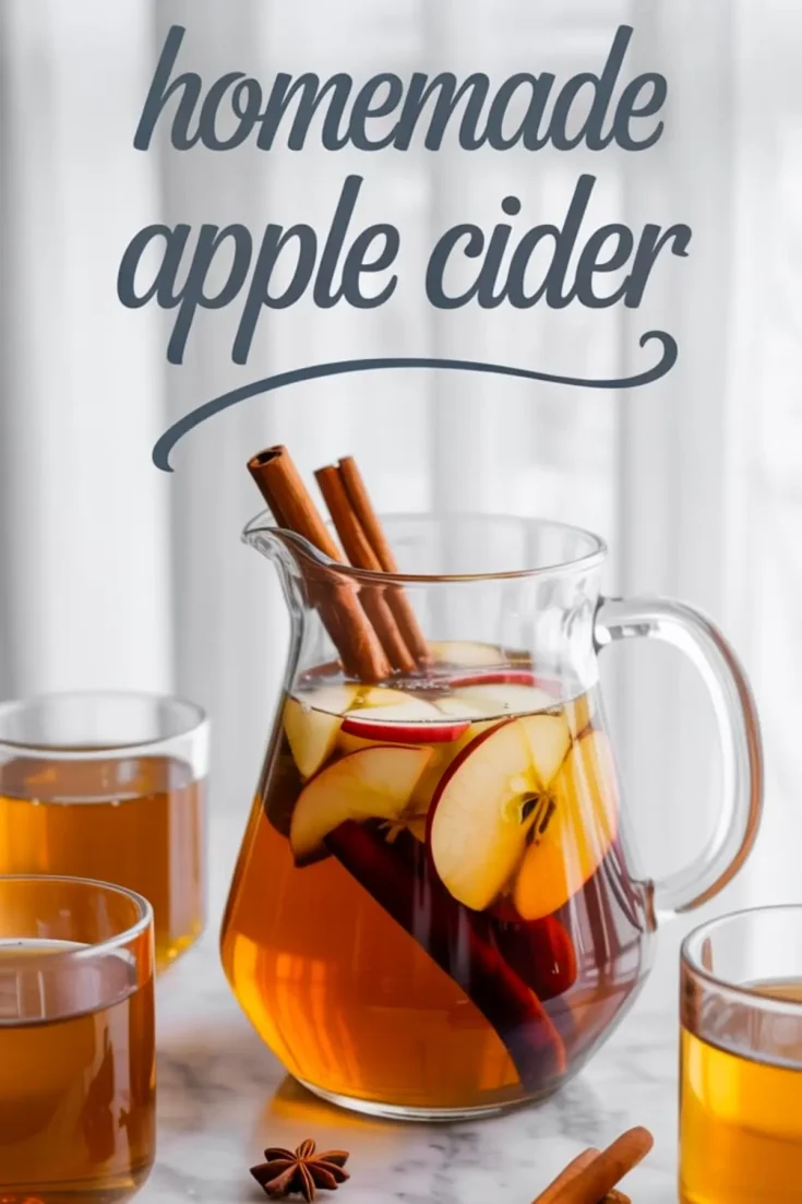 Pitcher of apple cider filled with cinnamon sticks and sliced red apples, surrounded by glasses of cider and the text “homemade apple cider” over a white curtain background.