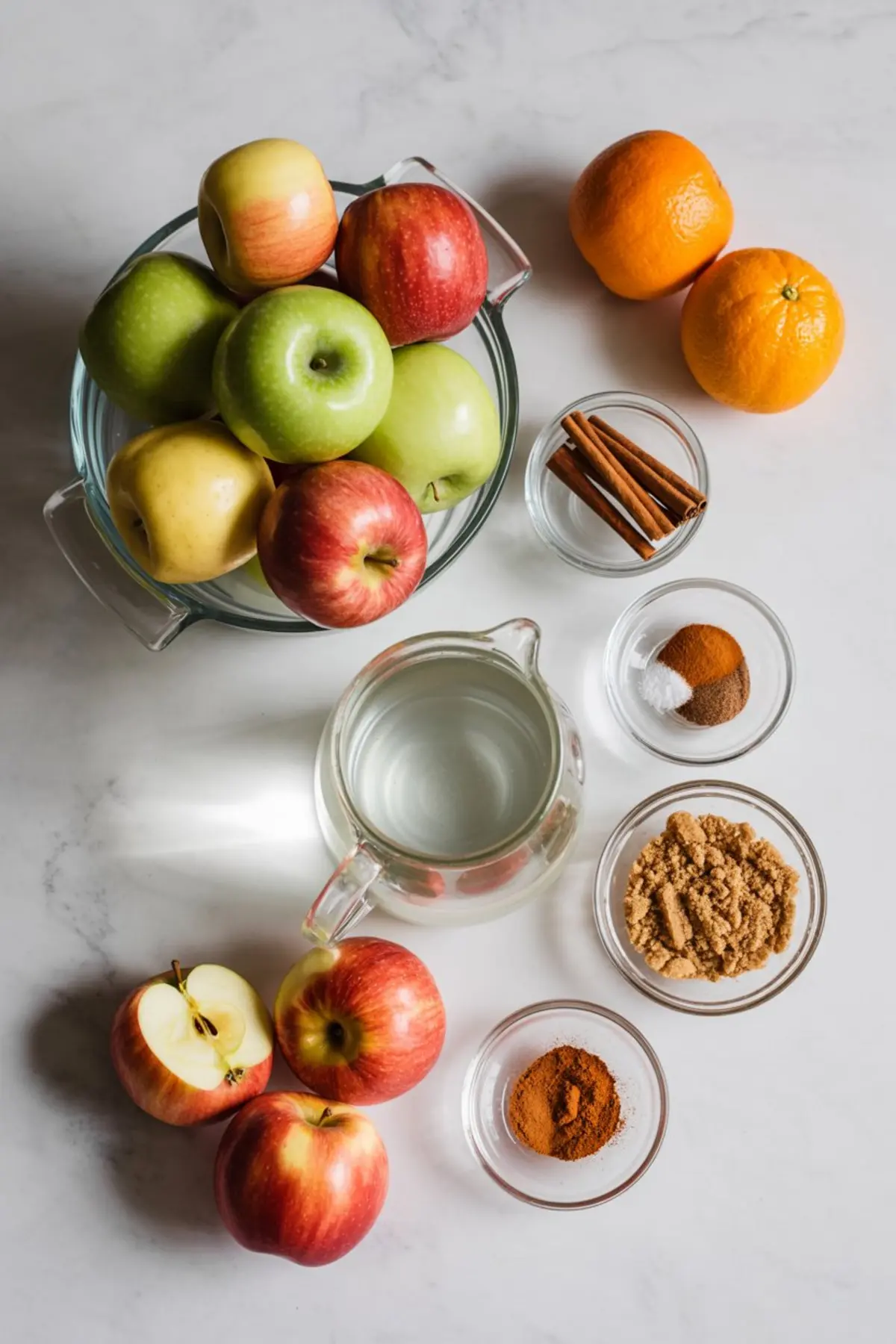Flat lay of fresh apple cider ingredients including green and red apples, oranges, brown sugar, cinnamon sticks, ground spices, and a pitcher of water arranged on a white surface.