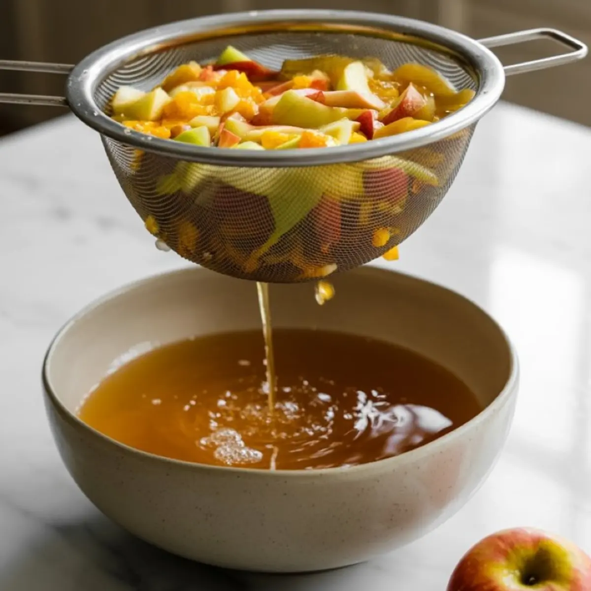Strainer filled with chopped apples and oranges draining liquid into a ceramic bowl, showing the juice extraction step of homemade apple cider on a marble countertop.